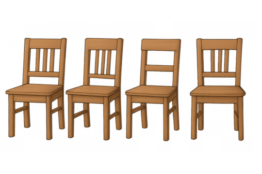 Four simple wooden chairs with slat backs in an illustrative style, lined up, ready for seating in dining areas. Transparent background