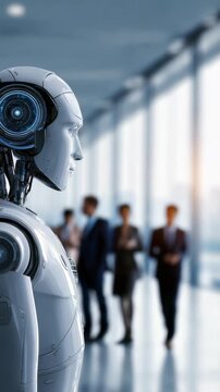 A sleek AI robot gazes forward in a bright, glass walled office, representing the integration of robotics in business. Blurred businesspeople in the background highlight collaboration and progress