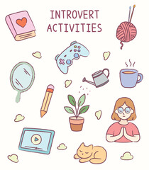Cute introvert activities doodle like game, movie, knitting, book, cat in scribble clip art illustration. Vector isolated cartoon of activity for asset, design, icon, children