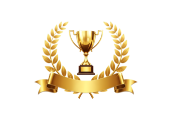 Golden trophy with laurel wreath and ribbon on black background design