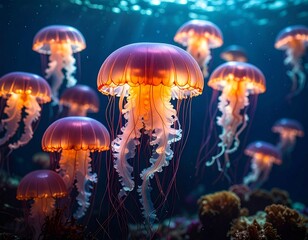 jellyfish deep underwater, translucent bodies glowing, macro shot, dark 