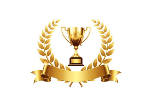 Golden trophy with laurel wreath and ribbon on black background design