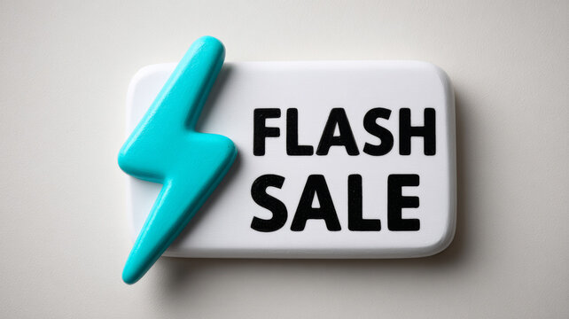 Flash sale sign with blue lightning bolt on white background.