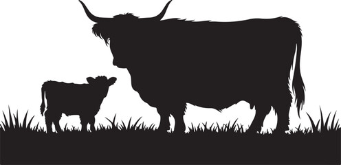 Silhouette of a highland cow and calf standing in grass