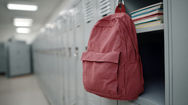 Pink backpack hanging in a school locker with books nearby. - Powered by Adobe