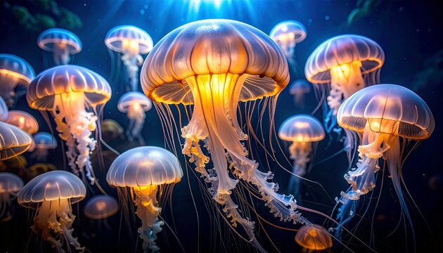 jellyfish deep underwater, translucent bodies glowing, macro shot, dark 
