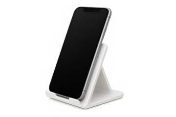 Smartphone with blank screen standing on a white display holder against a transparent background