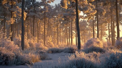 frozen pine forest at sunrise with golden light,