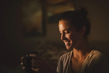 Young woman smiles while reviewing photos on her digital camera