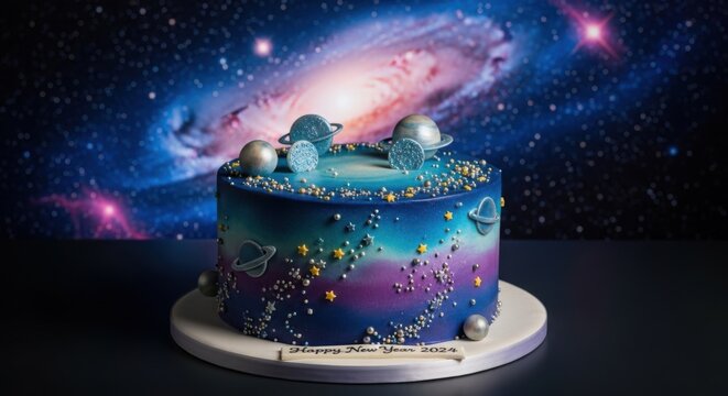 Breathtaking cosmic-themed celebration cake featuring mesmerizing galaxy design with purple, blue, and pink nebula effects, glittering stars, and outer-space landscape, perfect for astronomy celebrati