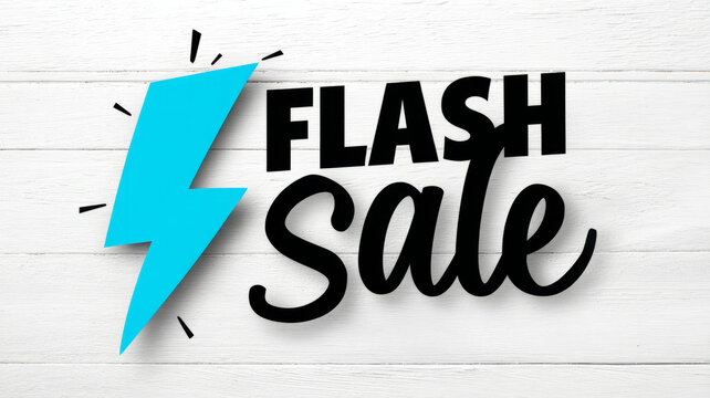 Flash sale text with lightning bolt on white wood background.