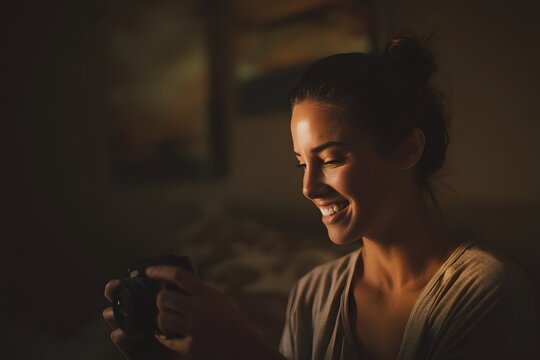 Young woman smiles while reviewing photos on her digital camera