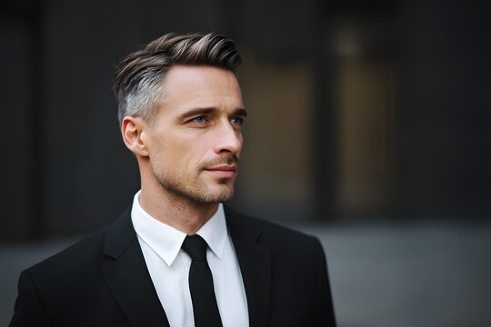 Confident businessman gazes off into the distance with a determined expression - Powered by Adobe