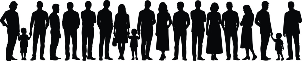 Family silhouettes, diverse people, adult and child figures, black vector, community concept, standing group, cad drawing, flat design, illustration