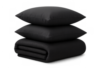 Stack of black bedding with two pillows and a folded blanket creating comfort and relaxation concept