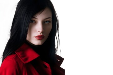 Mysterious woman with deep blue eyes gazes intently at the viewer in red coat