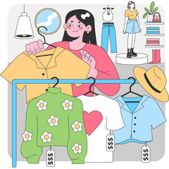 Woman Deciding Between Clothing Options on a Rack in a Brightly Lit Boutique with Mirrors and Mannequins Displaying Outfits