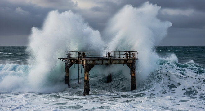 Dramatic waves crashing against a weathered pier on a stormy day, creating a spectacle
