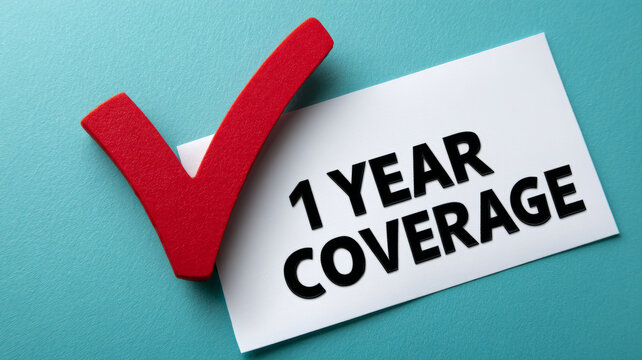 Red checkmark and '1 Year Coverage' card on teal background.