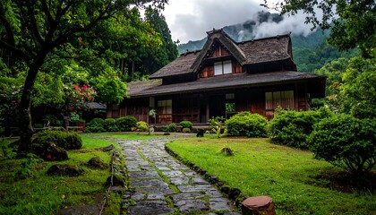Traditional wooden house with a thatched roof, set in a lush green garden with a stone pathway