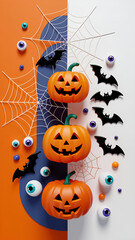 Creative three dimensional vertical Halloween setup featuring pumpkins spiderwebs eyeballs and bats arranged on an orange and white background for festive promotions
