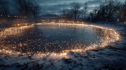 frozen pond surrounded by Christmas lights,