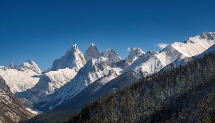Fototapeta premium An Awe Inspiring Mountain Range With Towering Peaks Covered In Snow Framed By A Clear Blue Sky Generative Ai