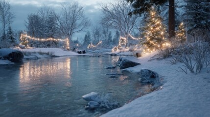 frozen riverbank with Christmas lights reflecting,