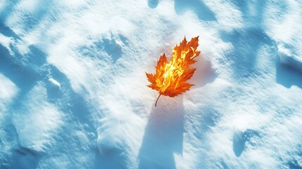 close-up of an orange maple leaf burning on the snow, creating beautiful patterns in it, dreamy effect