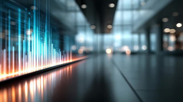 Dynamic data visualization with neon light effects in a sleek corporate office setting. Conceptual image representing digital transformation, analytics, and high tech business intelligence solutions