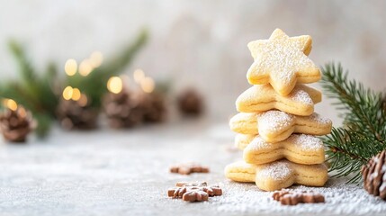 a stack of christmas tree-shaped cookies on a white table, with a blurred background and space for text or a message, holiday celebration atmosphere