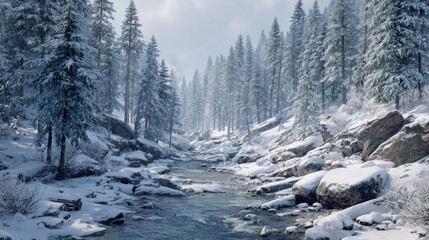 frozen river through snowy pine valley,