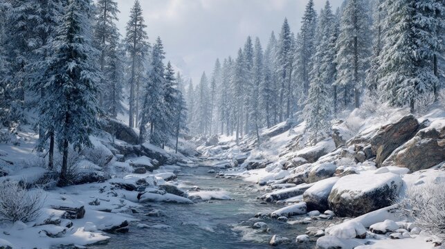 frozen river through snowy pine valley,