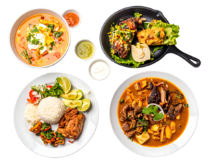 A diverse selection of Asian-inspired dishes including curry, grilled meats, rice, and vegetable stew served on various plates