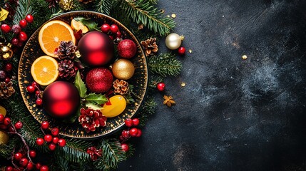 christmas background with christmas decorations, decor, and food on a dark concrete table, christmas decoration concept, copy space