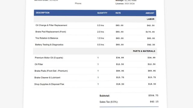 Auto repair service invoice with animated cost breakdown and payment details