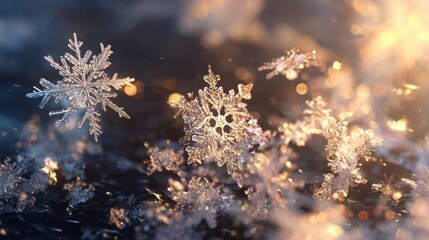 frozen snowflakes illuminated by sunlight,