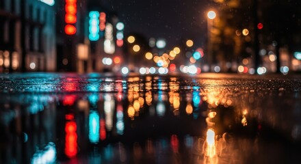 Wet urban pavement mirrors vibrant nighttime illumination in a low perspective shot