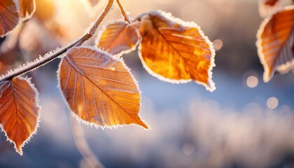 Frosted Autumn Leaves On Branch Soft Bokeh