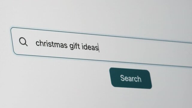 Christmas Gift Ideas Search on Search Engine. Close Up Shot of Typing Search Term in Search Box on Web Page on Computer Screen. Real Time 4K.
