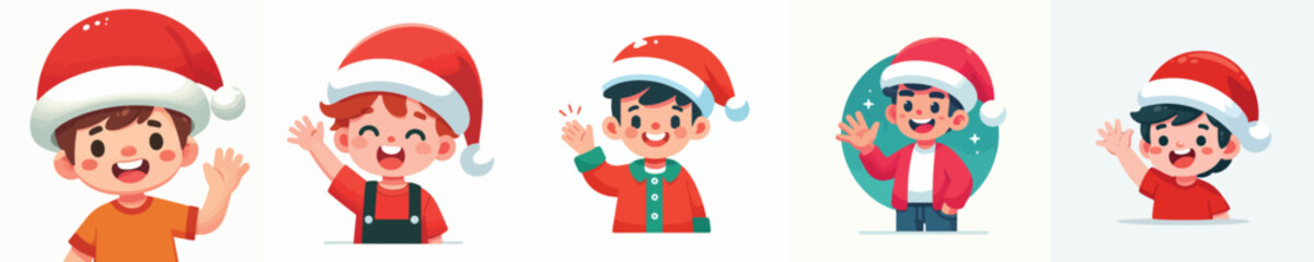 vector of a little boy in a Christmas hat waving