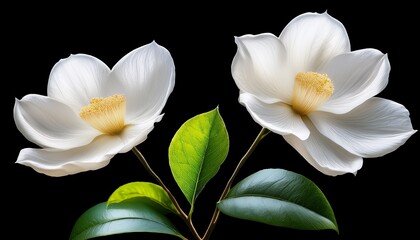 Two Delicate White Flowers With Green Leaves Blooming Gracefully On A Stem Background Removed