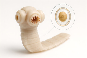 Photorealistic 3D anatomy of Taenia saginata scolex, four muscular suckers, unarmed rostellum, early strobila with immature proglottids emerging, semi-translucent tegument with fine micro-speculars