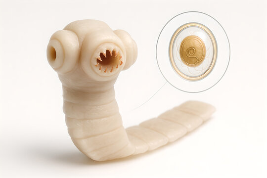 Photorealistic 3D anatomy of Taenia saginata scolex, four muscular suckers, unarmed rostellum, early strobila with immature proglottids emerging, semi-translucent tegument with fine micro-speculars