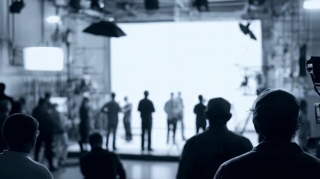 Behind the scenes view of a busy film studio where crew members and actors prepare for a shoot. High tech filmmaking atmosphere highlights teamwork and cinematic innovation