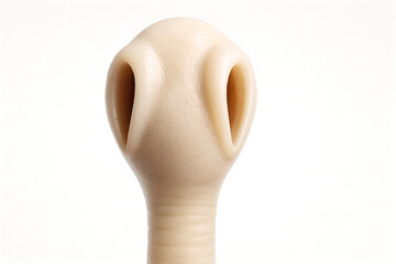 Photorealistic 3D anatomy of Taenia saginata scolex, four muscular suckers, unarmed rostellum, early strobila with immature proglottids emerging, semi-translucent tegument with fine micro-speculars