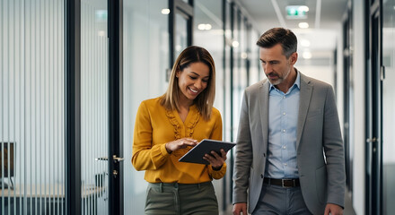 Professional diverse business colleagues walking through a modern office hallway, collaborating and discussing ideas on a digital tablet.