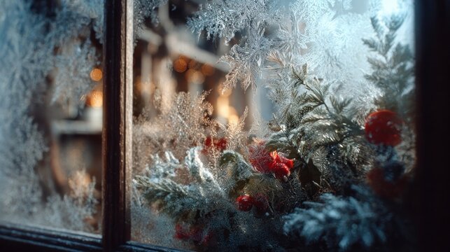 frozen windowpane with Christmas decorations,