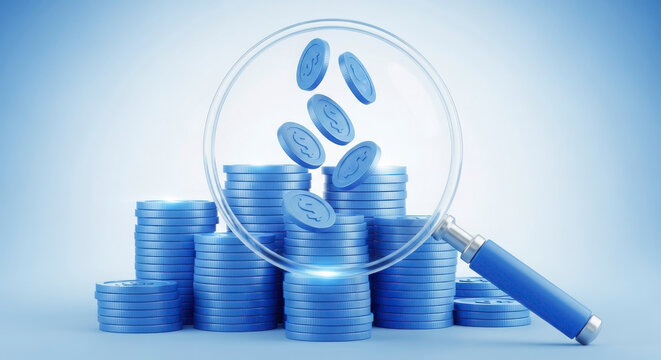 Financial Analysis of Stacked Coins Under Magnifying Glass