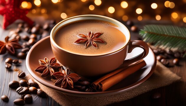A Cozy Holiday Scene Featuring A Cup Of Coffee With Cinnamon Star Anise And Coffee Beans With A Festive Backdrop